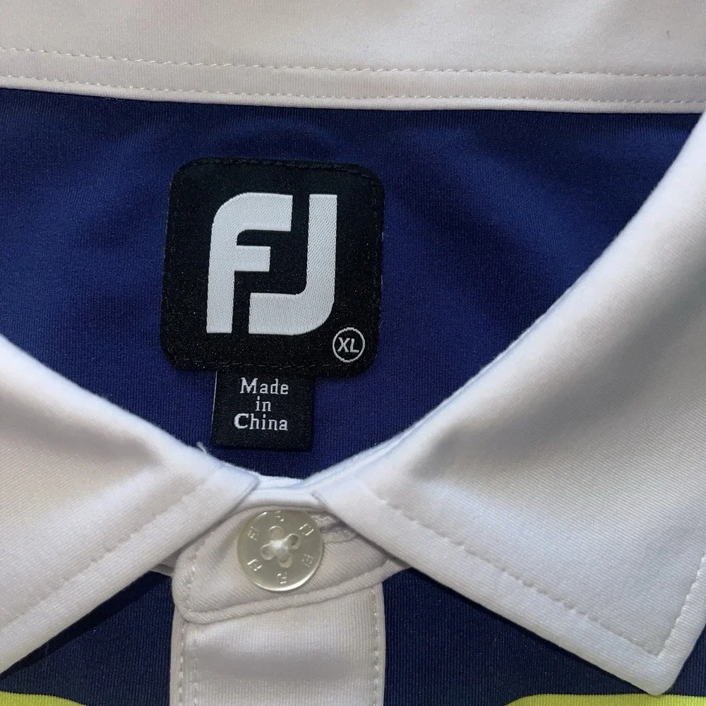 Foot Joy FJ Golf Polo Shirt Mens XL White Blue Green Stretch‎ W/Black Hawk Logo